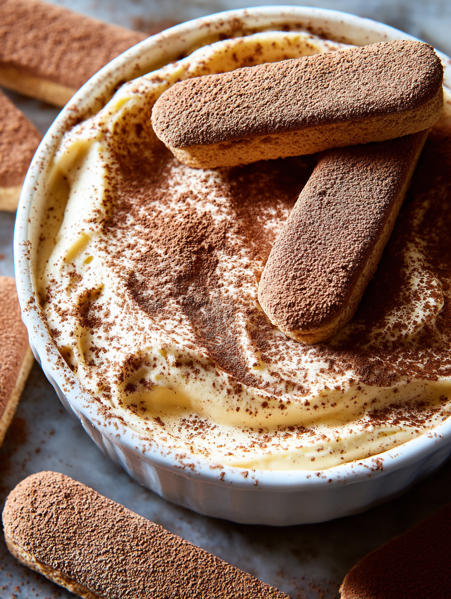 A bowl of Tiramisu Dip with chocolate and cocoa powder on top.