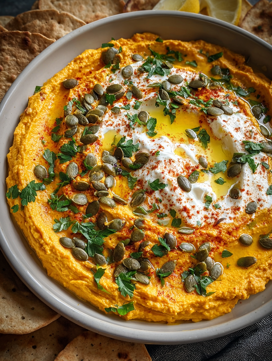 A bowl of creamy pumpkin whipped feta dip.