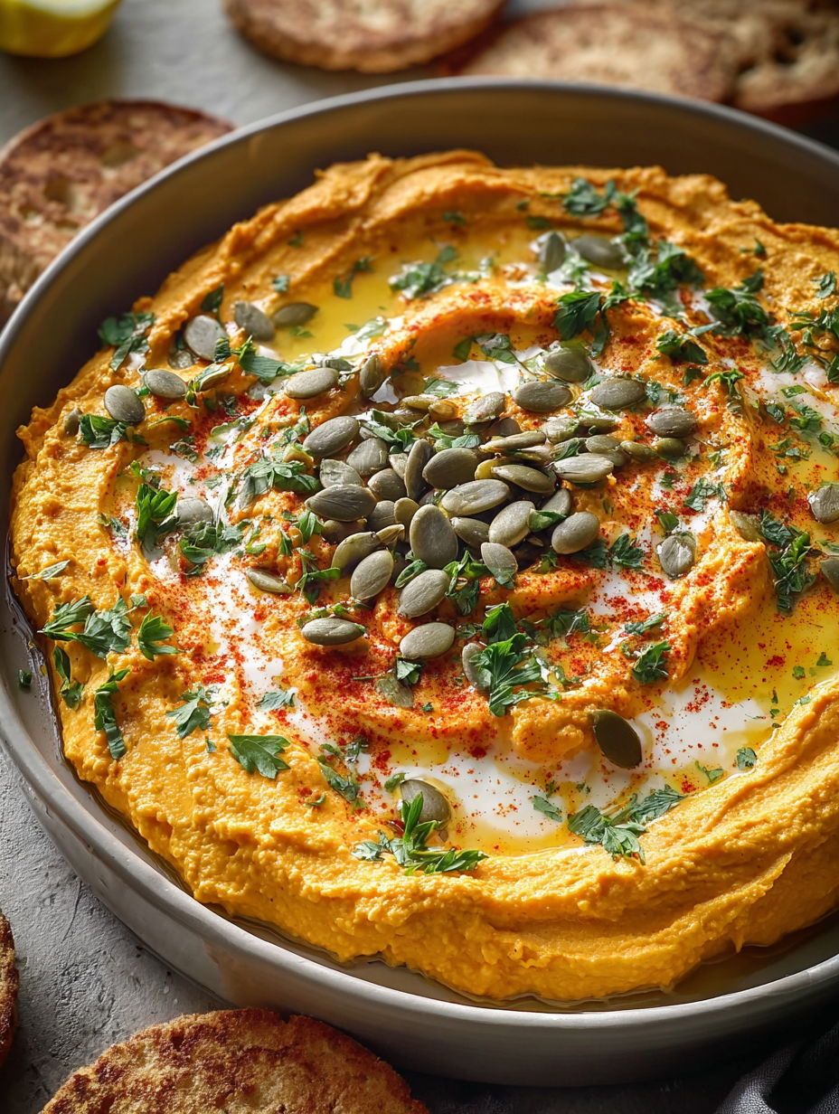 A creamy pumpkin whipped feta dip with pumpkin seeds.