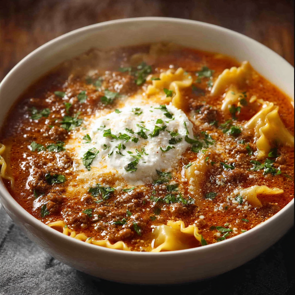 A bowl of mouthwatering one pot lasagna soup.