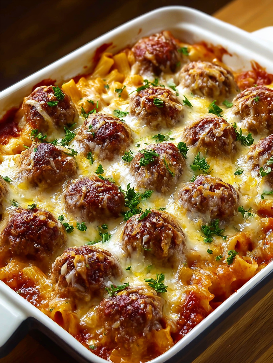 A casserole with meatballs and noodles.