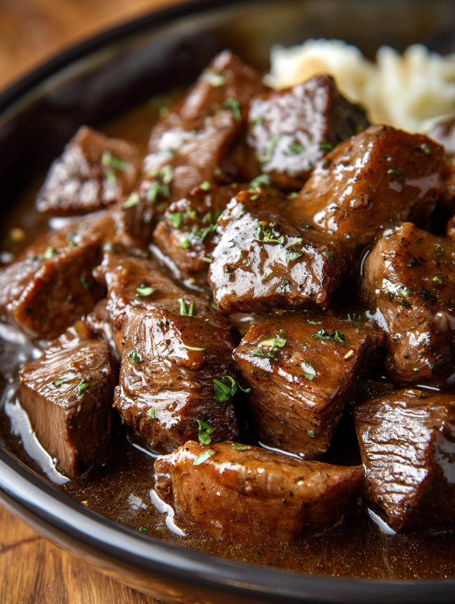 A bowl of beef tips and gravy.