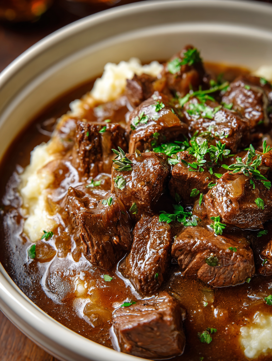 A bowl of beef tips and gravy.