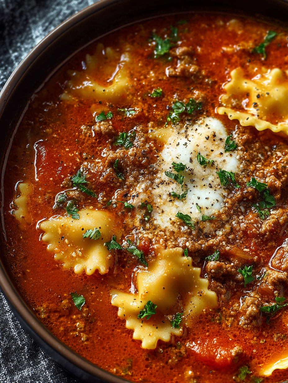 A bowl of lasagna soup with meat and cheese.