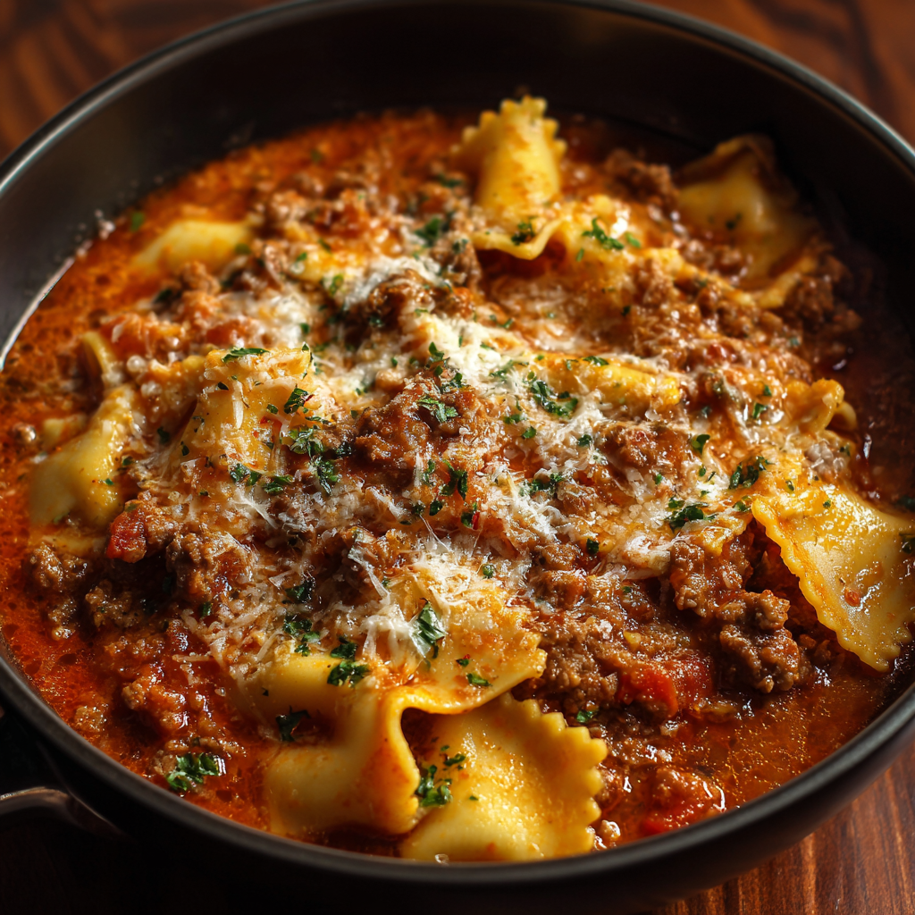 A bowl of lasagna soup with noodles and meat.