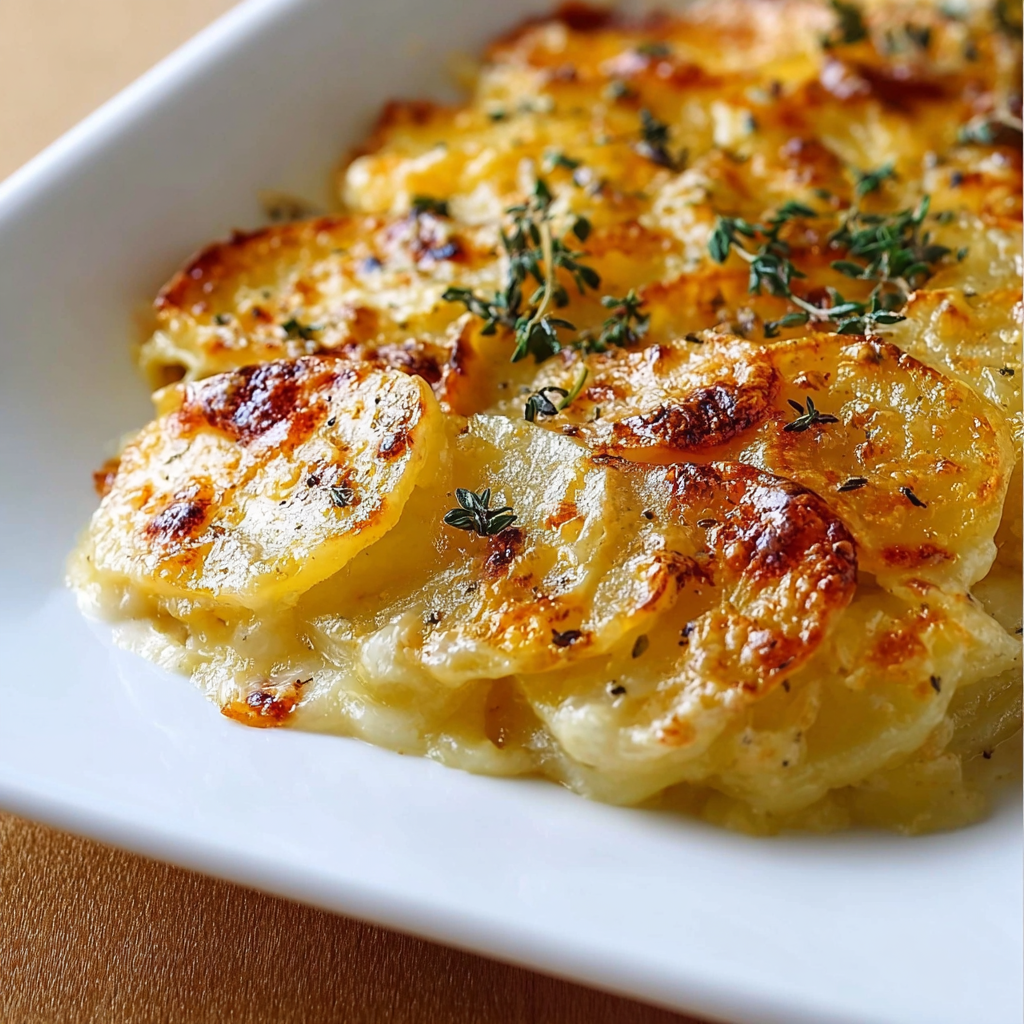 A white plate with a dish of scalloped potatoes.