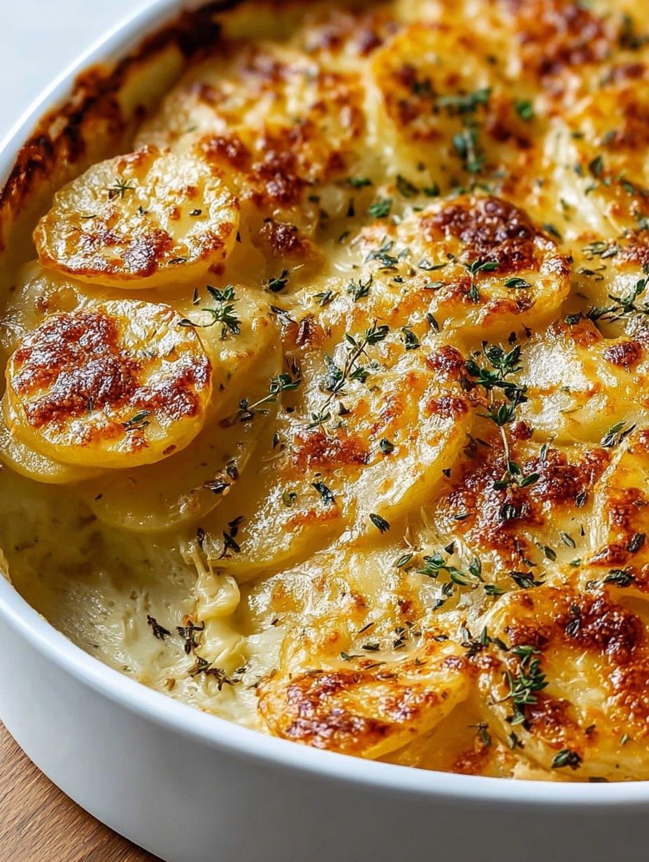 A bowl of scalloped potatoes.