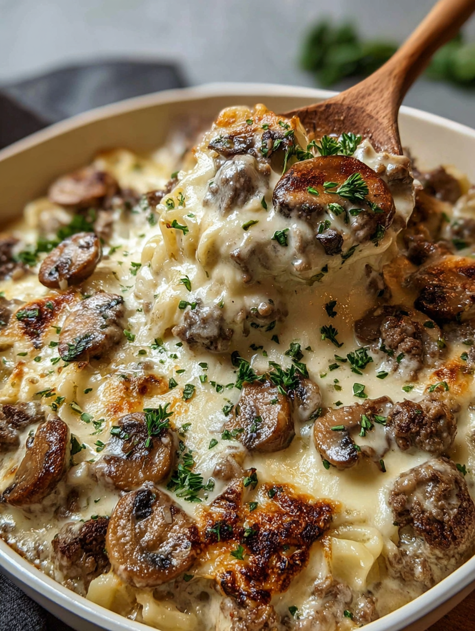 A creamy beef mushroom bake with a wooden spoon.