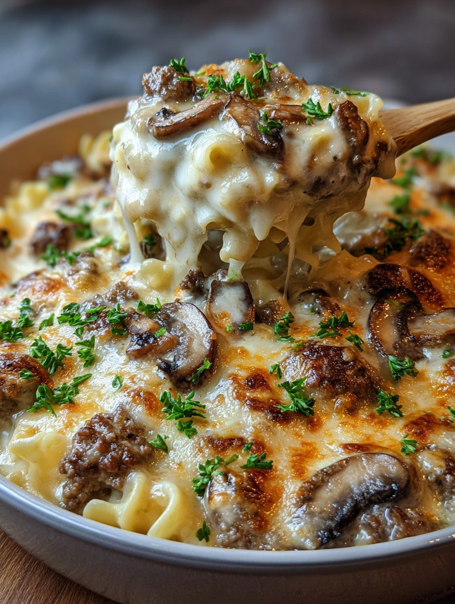 A bowl of creamy beef mushroom bake.