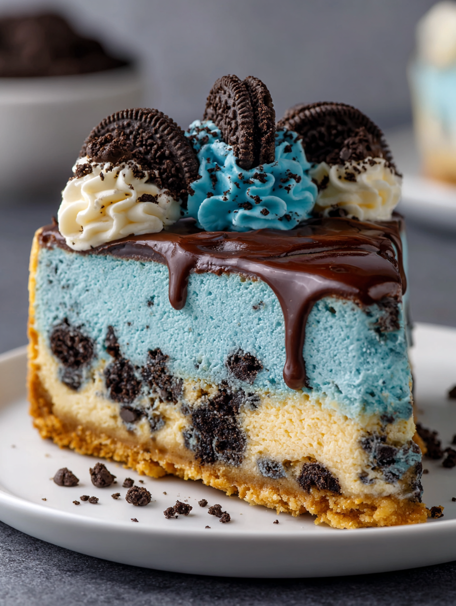 A slice of cookie monster cheesecake.