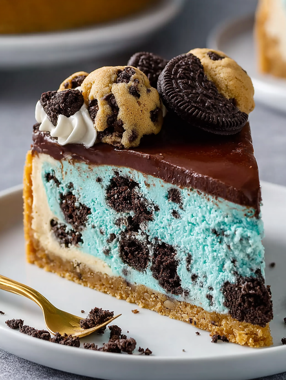 A slice of cookie monster cheesecake.