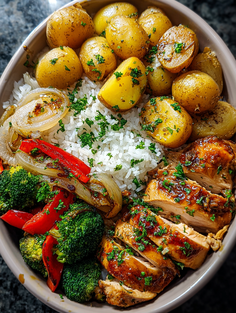 A bowl of food with rice, potatoes, and chicken.