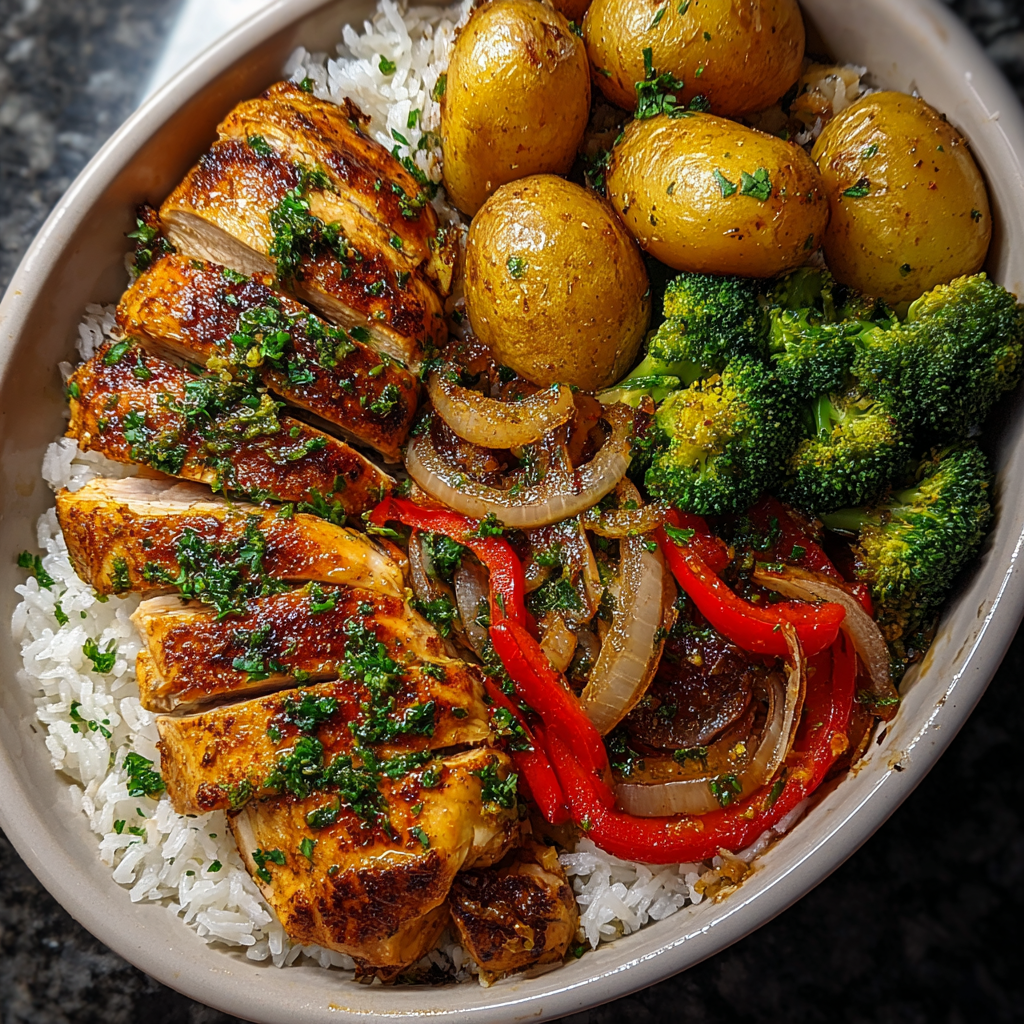 A bowl of garlic glazed chicken and vegetables.