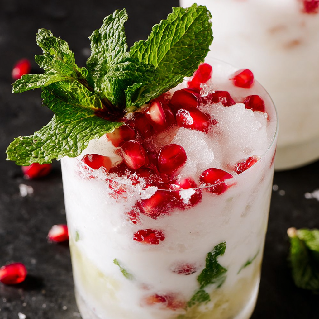 A glass of white Christmas Mojito with a mint garnish.