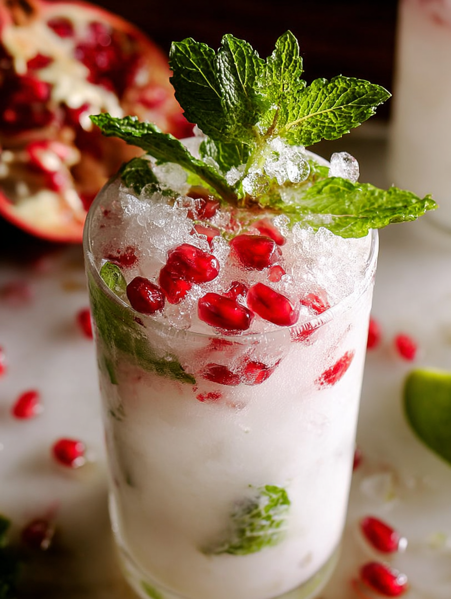 A glass of white Christmas Mojito with red pomegranate seeds.