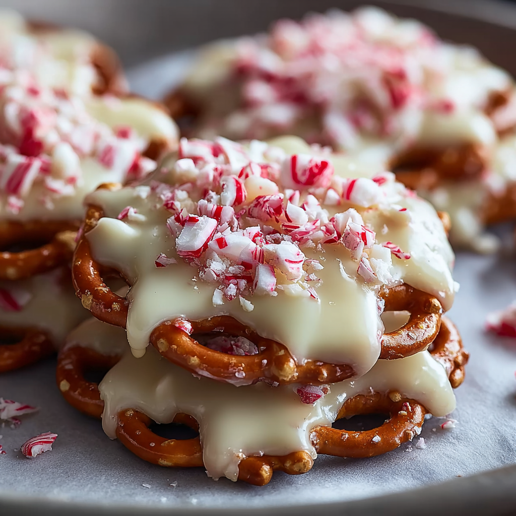 A stack of white chocolate peppermint pretzel crisps.