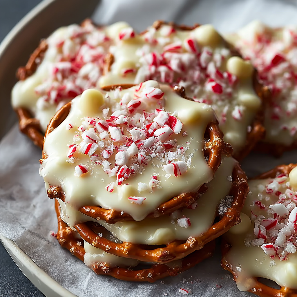 A plate of white chocolate peppermint pretzel crisps.
