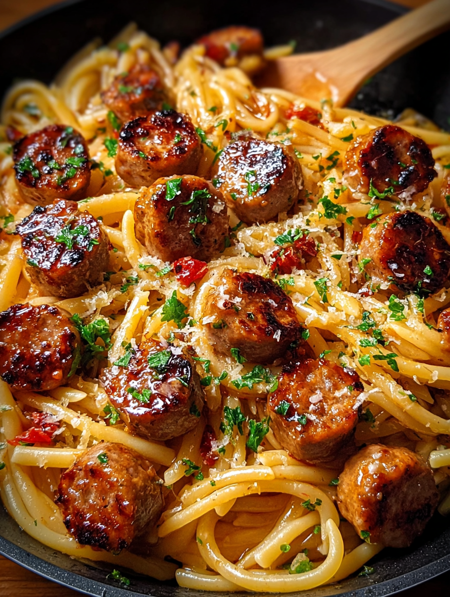 A delicious pasta dish with sausage and garlic.