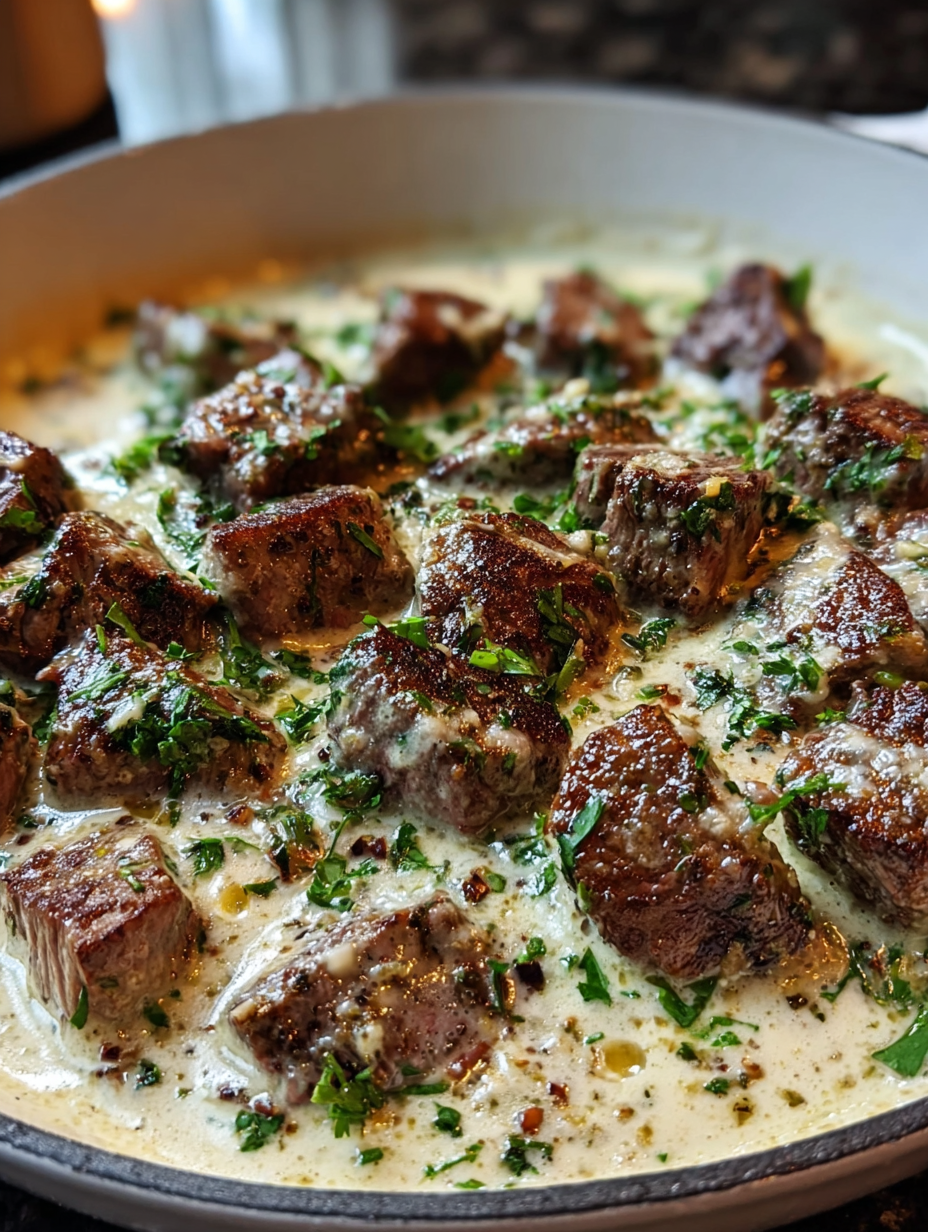A plate of meat covered in a creamy sauce.