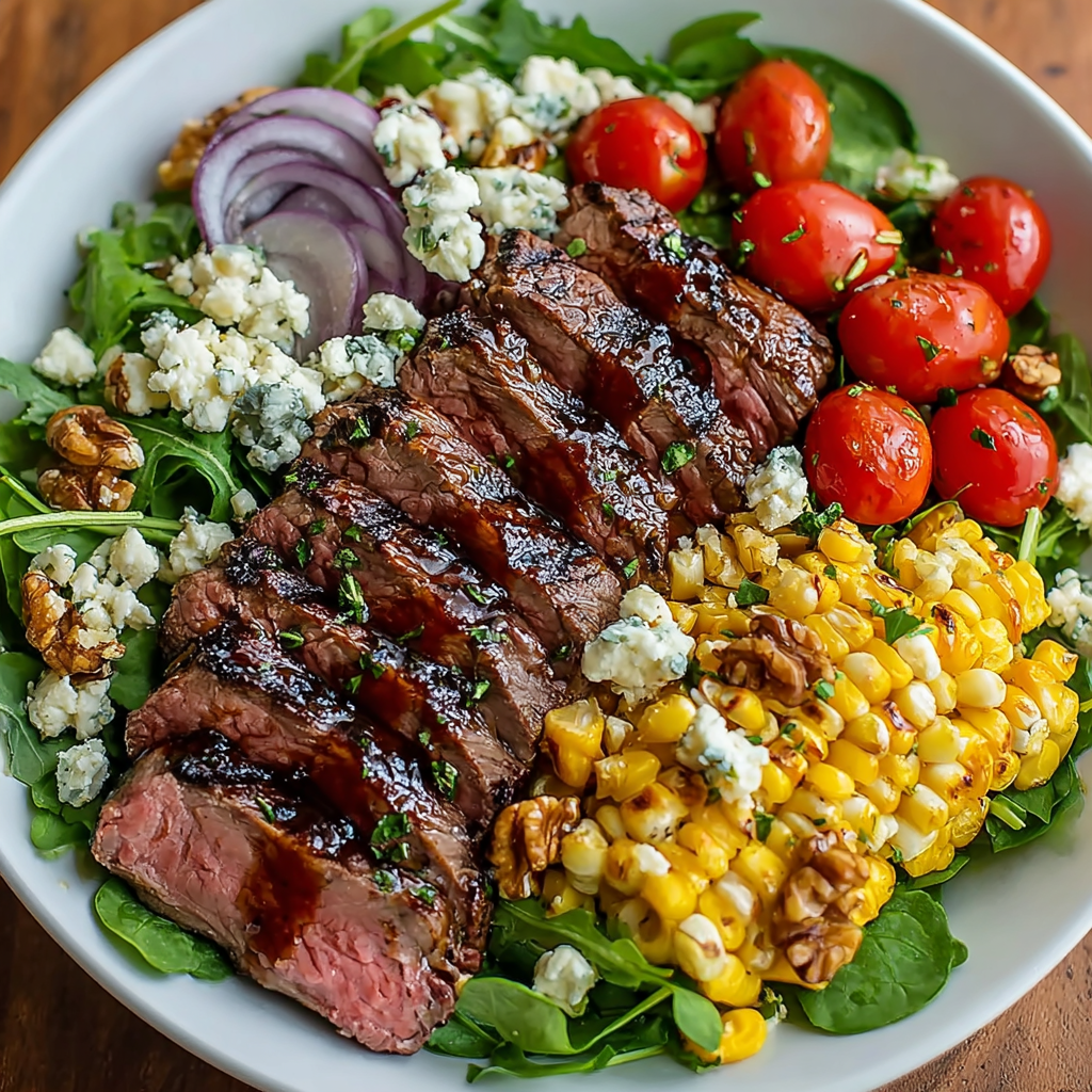 A plate of food with steak, corn, and blue cheese.
