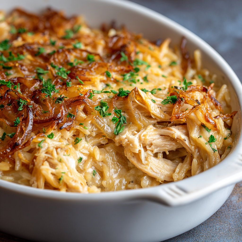 A bowl of French Onion Chicken Orzo Casserole.