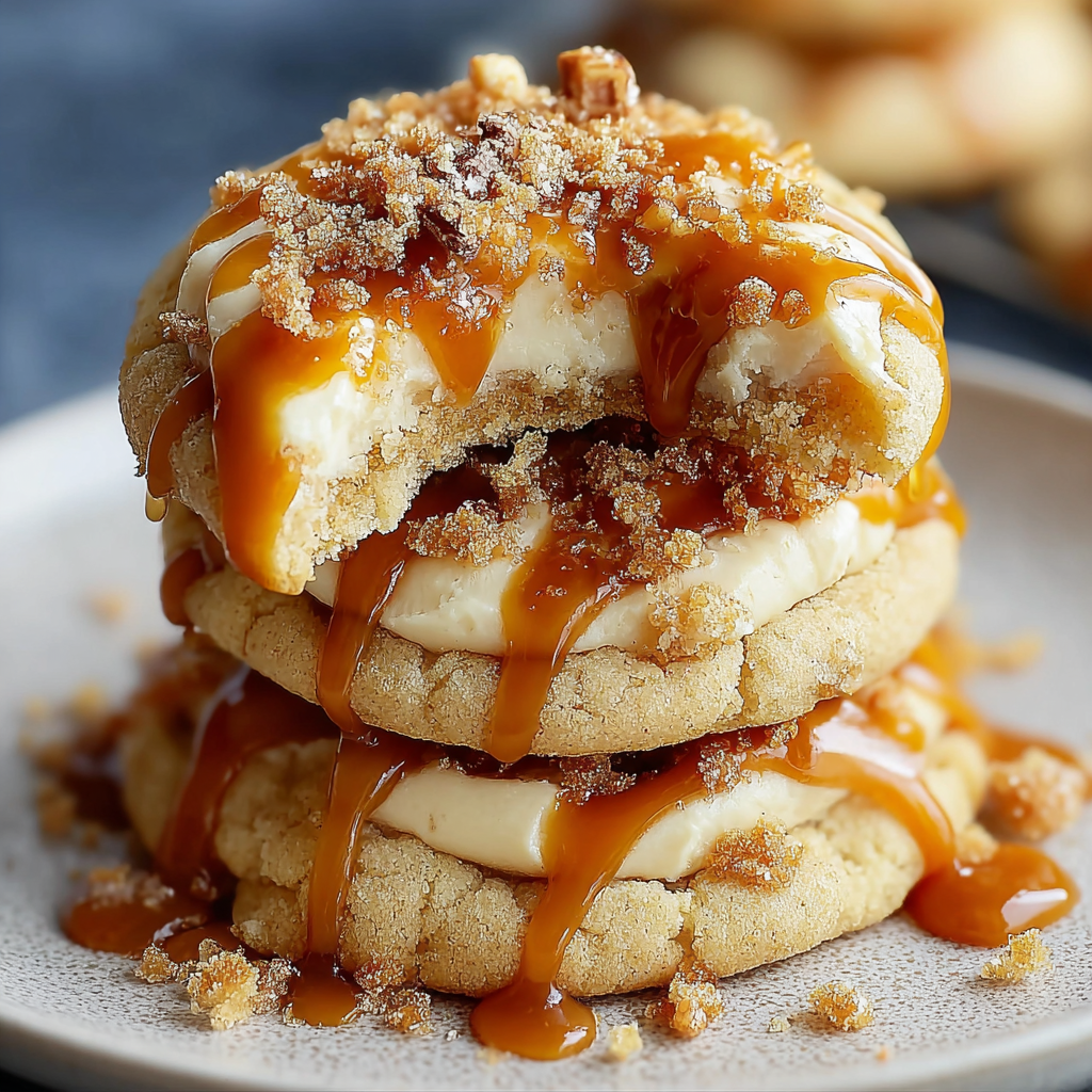Caramel cheesecake cookies stacked on a plate.