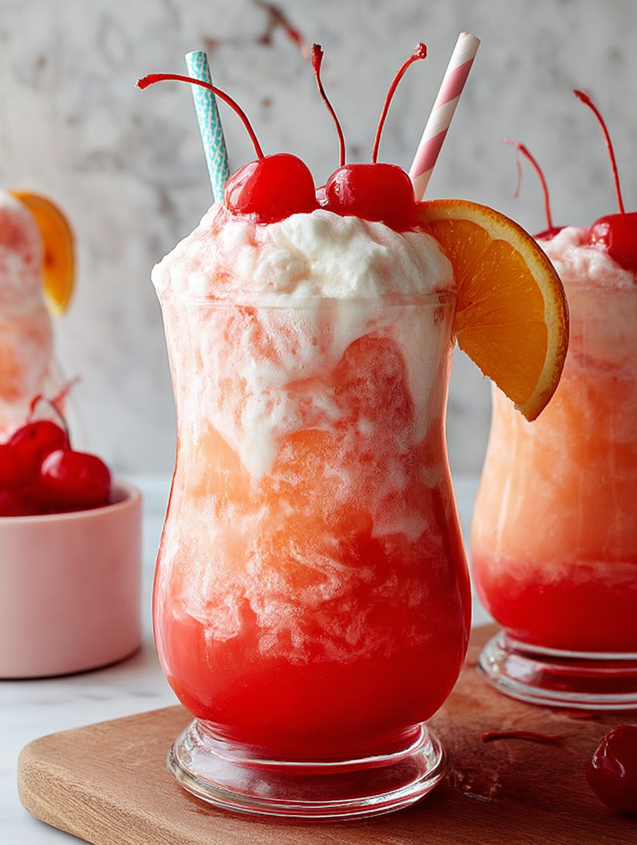 A glass of red and white drink with cherries on top.