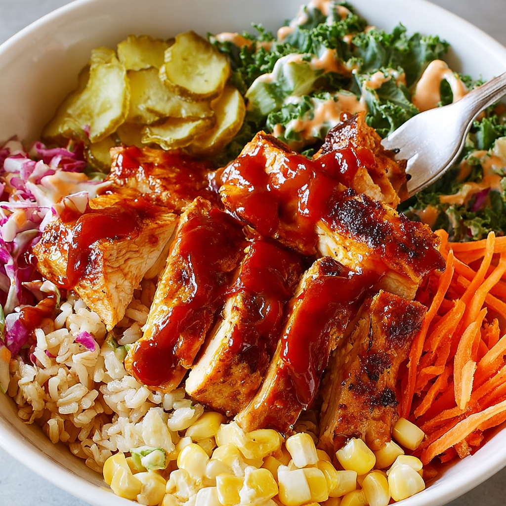 A bowl of BBQ chicken and vegetables.