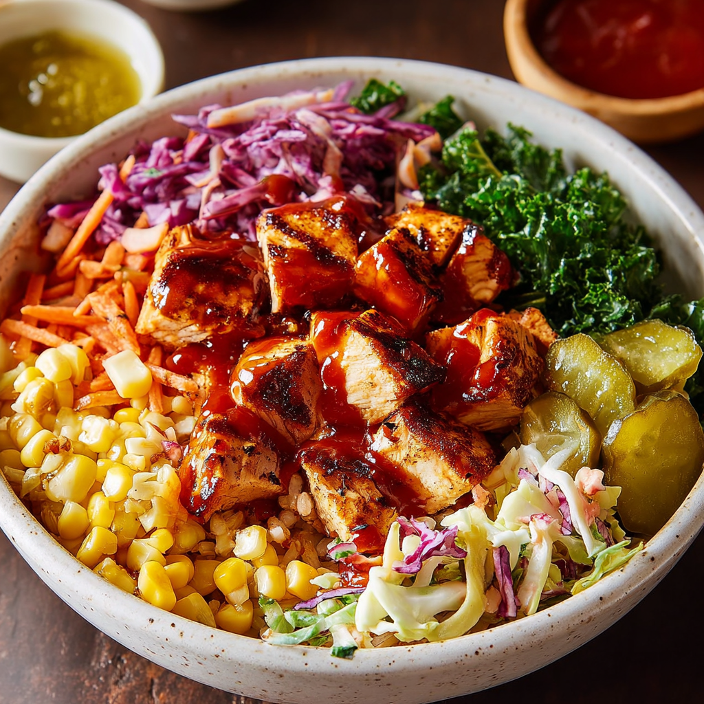 A bowl of BBQ protein with chicken, corn, and vegetables.