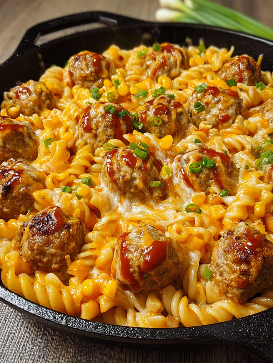 A delicious BBQ Ranch Meatball &amp; Cheddar Pasta Skillet.