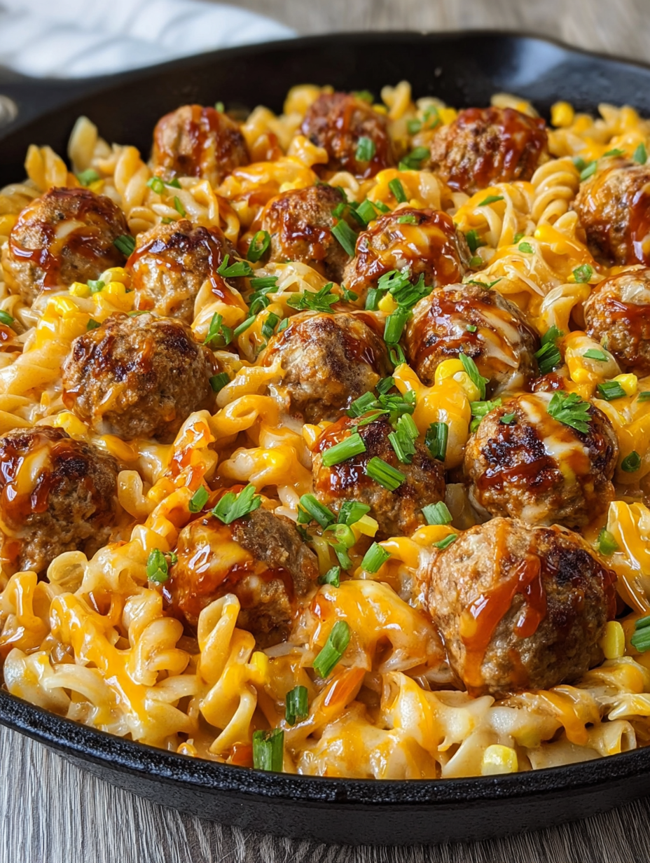 A delicious BBQ Ranch Meatball & Cheddar Pasta Skillet.