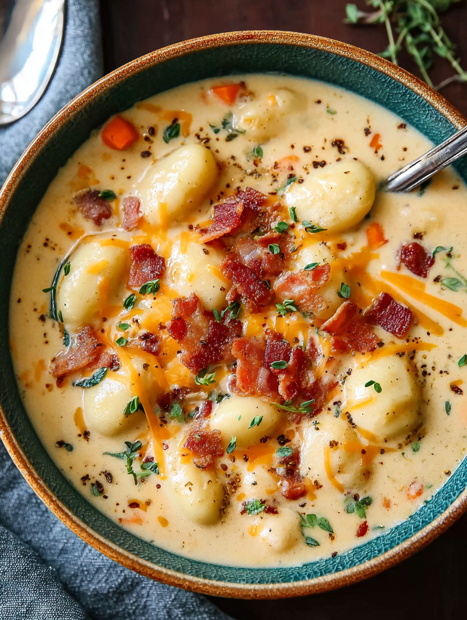 A bowl of soup with bacon and cheese.