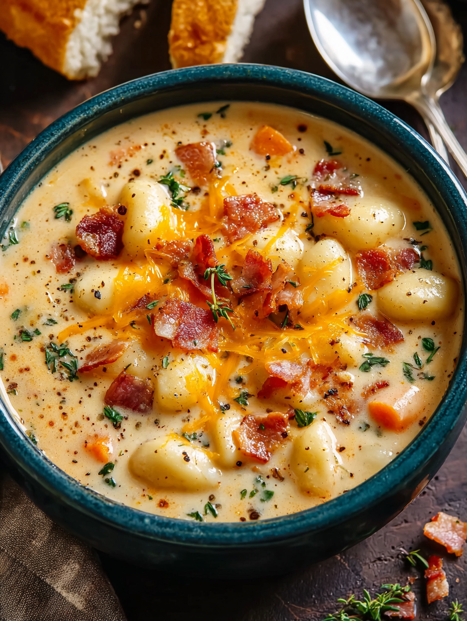 A bowl of soup with bacon and cheese.