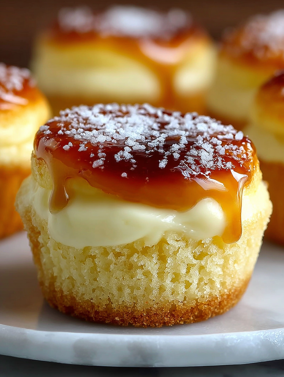 A vanilla bean creme brulee cheesecake cupcake with a caramel sauce drizzle.