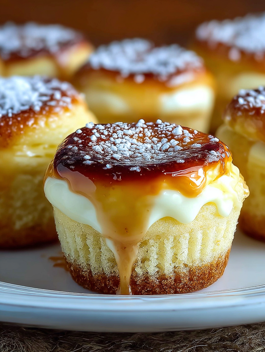 A close up of a vanilla bean creme brulee cheesecake cupcake.