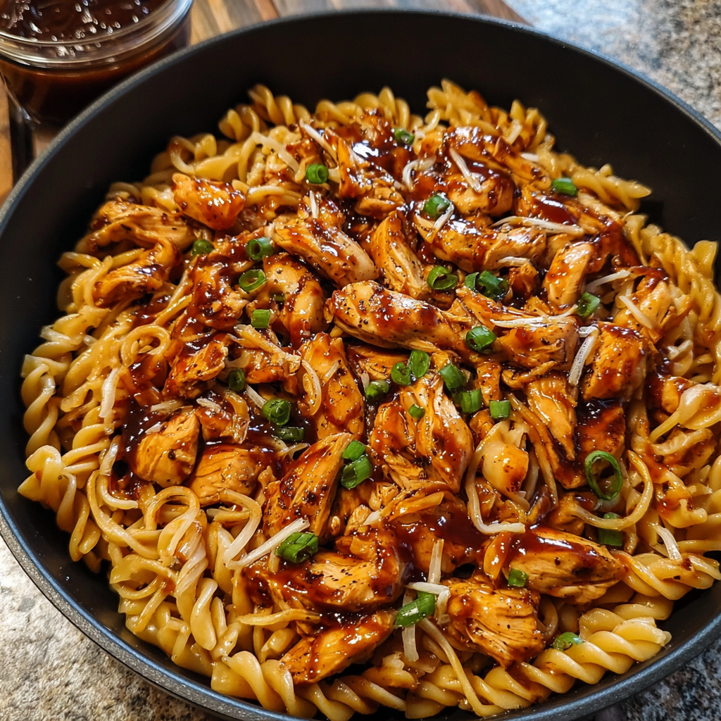 A bowl of pasta with chicken and sauce.