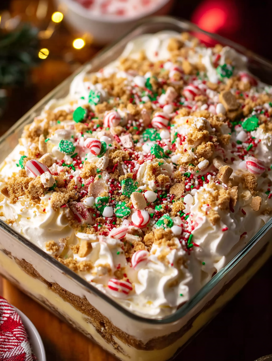 A pan of Christmas Cookie Lasagna.