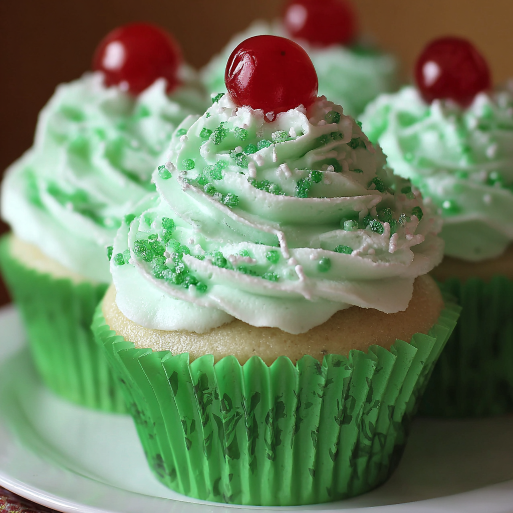Green cupcakes with white frosting and red cherries.