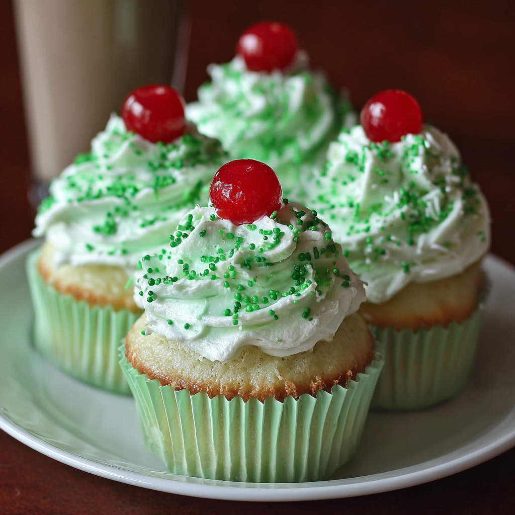 Three cupcakes with green frosting and red cherries on top.