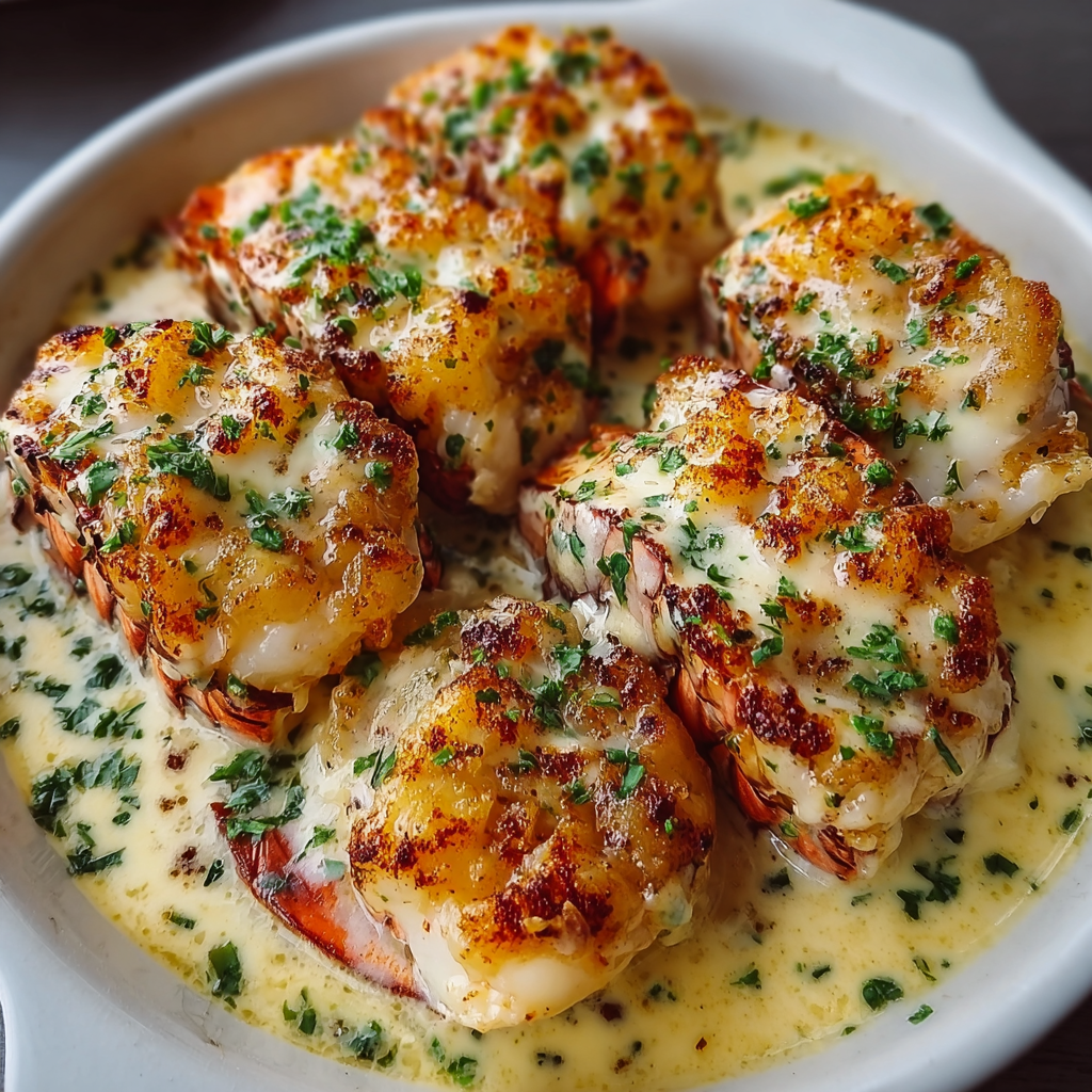 A bowl of lobster tails with garlic butter and herbs.