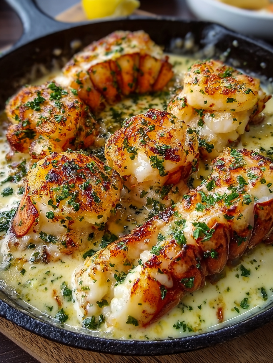A dish of lobster tails with garlic butter and cream.