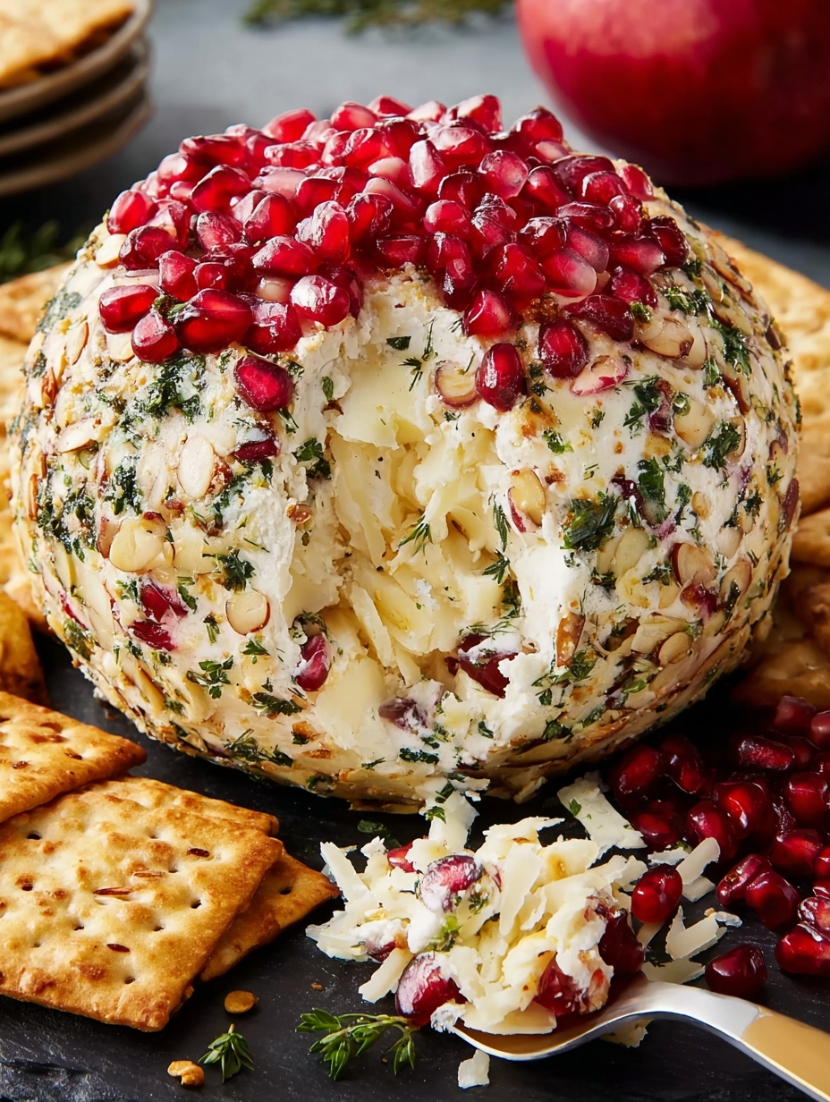 A Christmas cheese ball with pomegranate seeds.