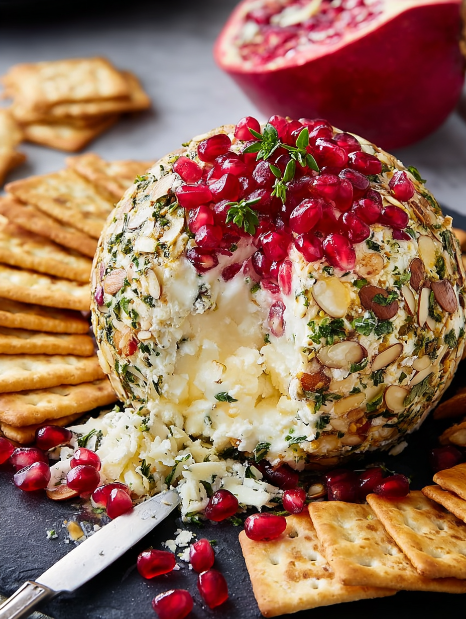 A cheese ball with pomegranate seeds on top.