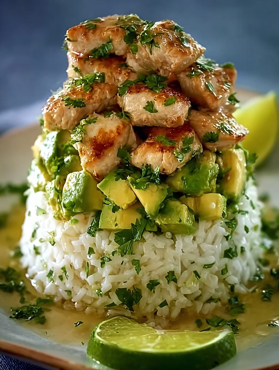 A stack of rice, chicken, and avocado.