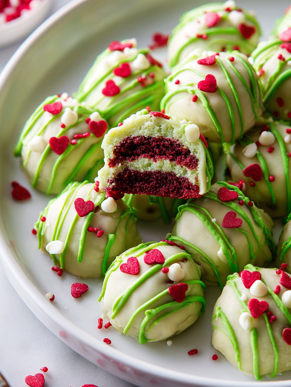 A plate of Grinchy Christmas Cake Bites.