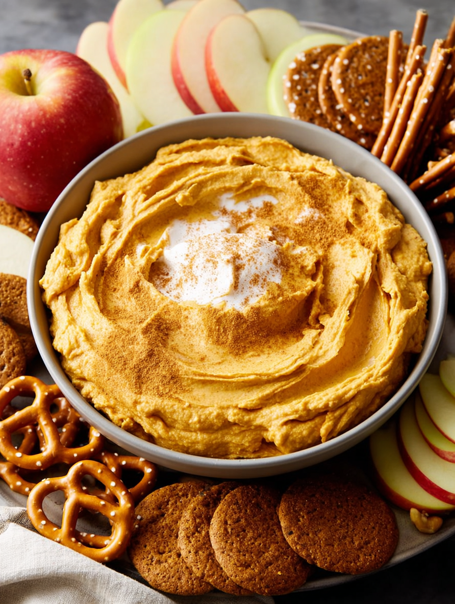 A bowl of pumpkin dip with crackers and apples.