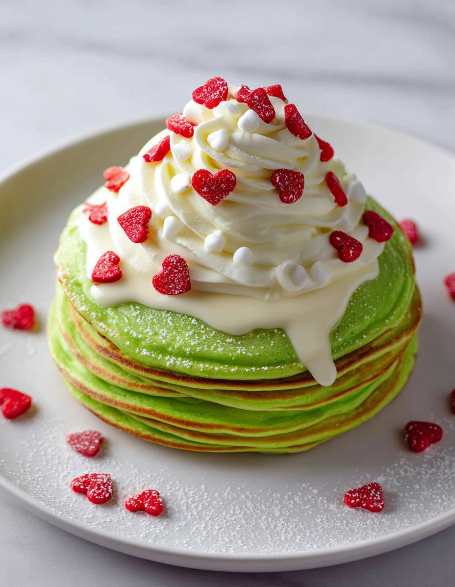A stack of green pancakes with white whipped cream and red hearts.