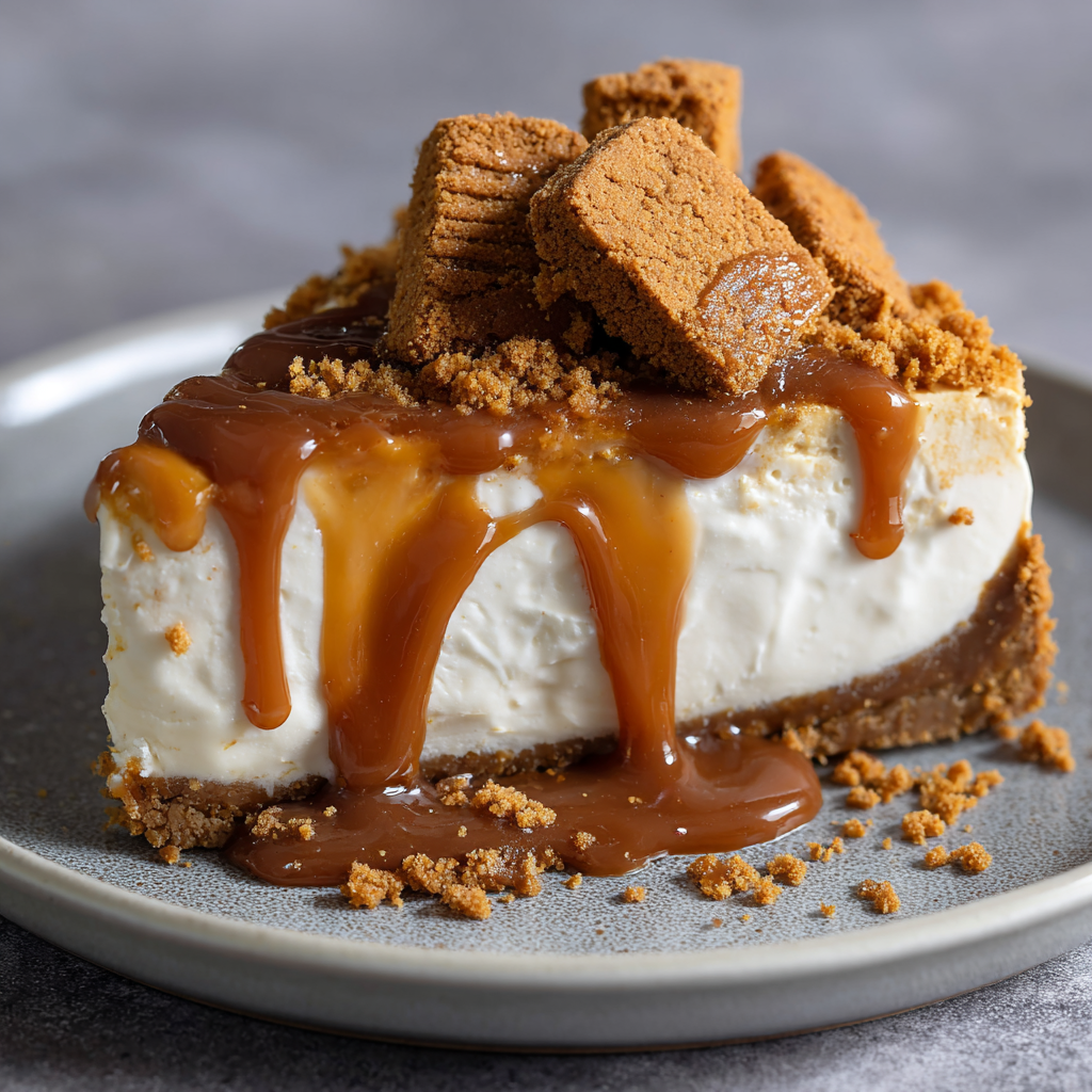 A slice of Biscoff No-Bake Cheesecake.