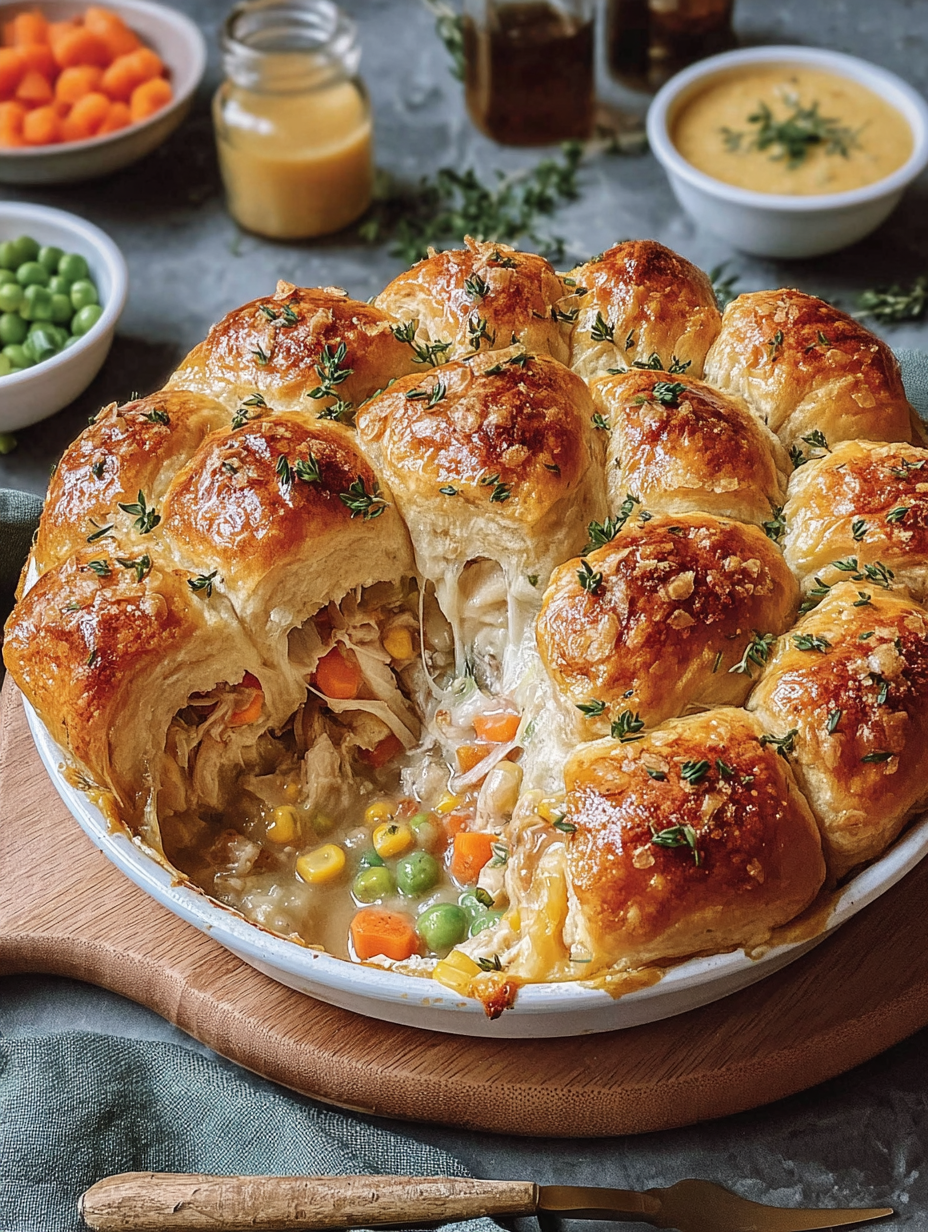 A savory herb crescent roll turkey pot pie.