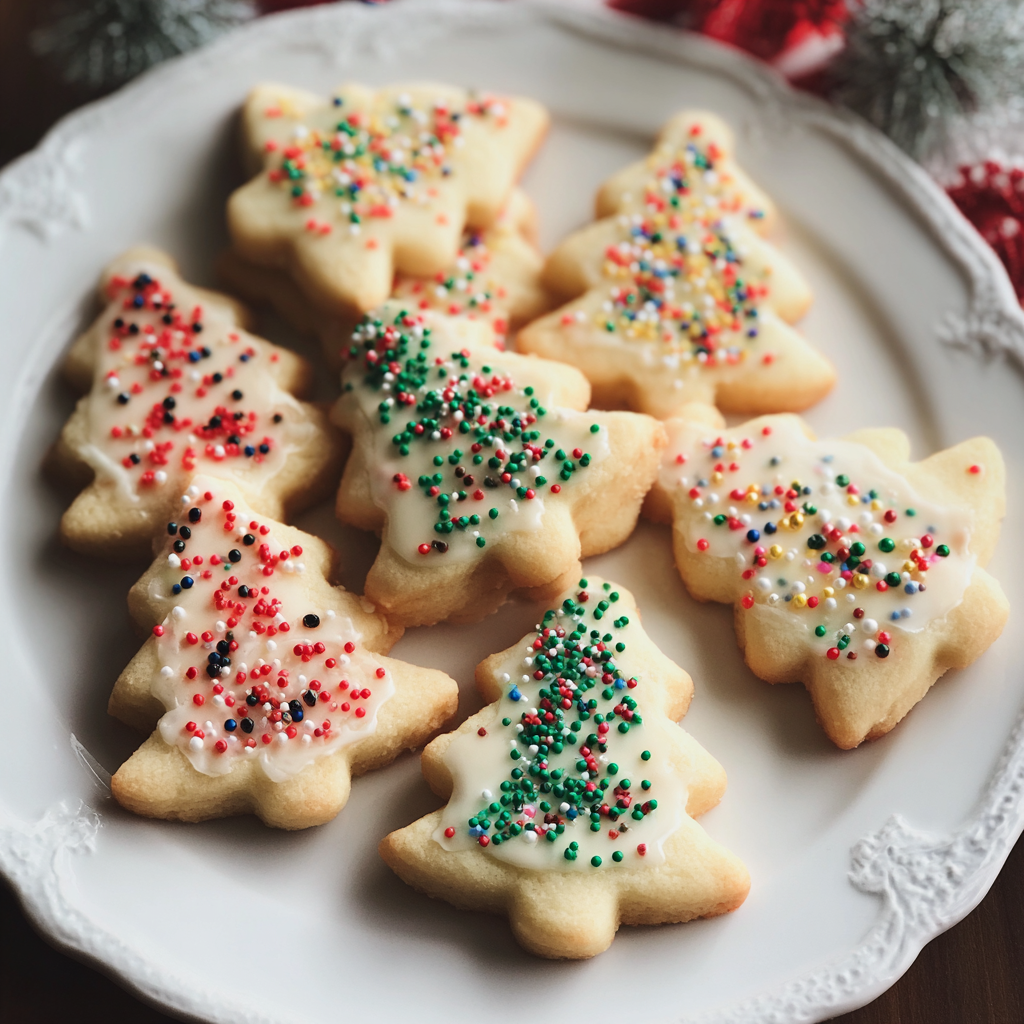 A plate of Christmas cookies with sprinkles.